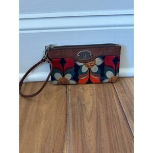 Fossil Wristlet Key-Per Vintage Boho Daisy Floral Print Leather Trim